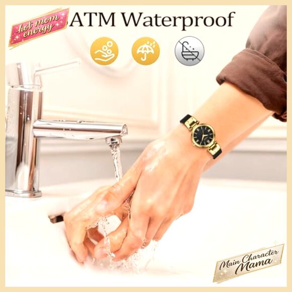 Small Gold Leather Watch with Quartz Movement, 26mm Dial, Water Resistant